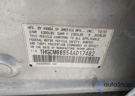 2004 Honda Accord 3.0 Ex из США, поврежденный, VIN 1HGCM66554A017488